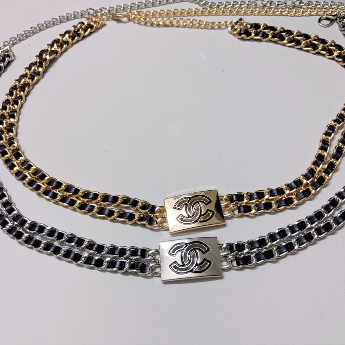 Triple-Layer Leather-Woven Chain Belt with Rectangle Buckle Charm