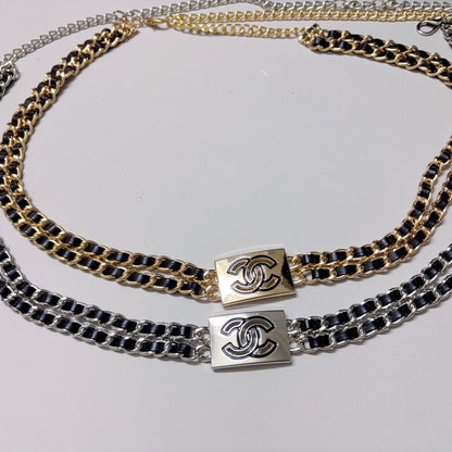 Triple-Layer Leather-Woven Chain Belt with Rectangle Buckle Charm