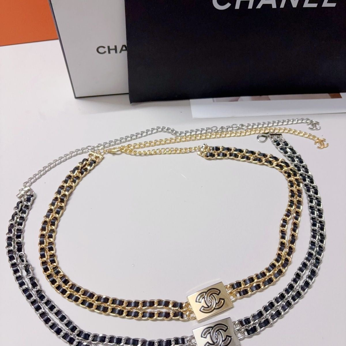 Triple-Layer Leather-Woven Chain Belt with Rectangle Buckle Charm