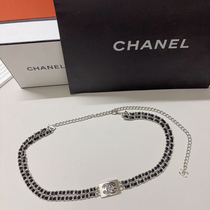 Triple-Layer Leather-Woven Chain Belt with Rectangle Buckle Charm