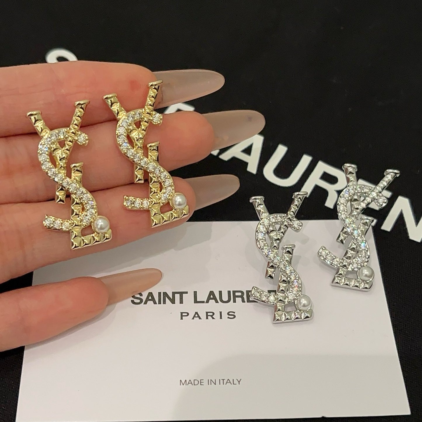 Crystal & Pearl Interlocking Letter Stud Earrings – Gold & Silver