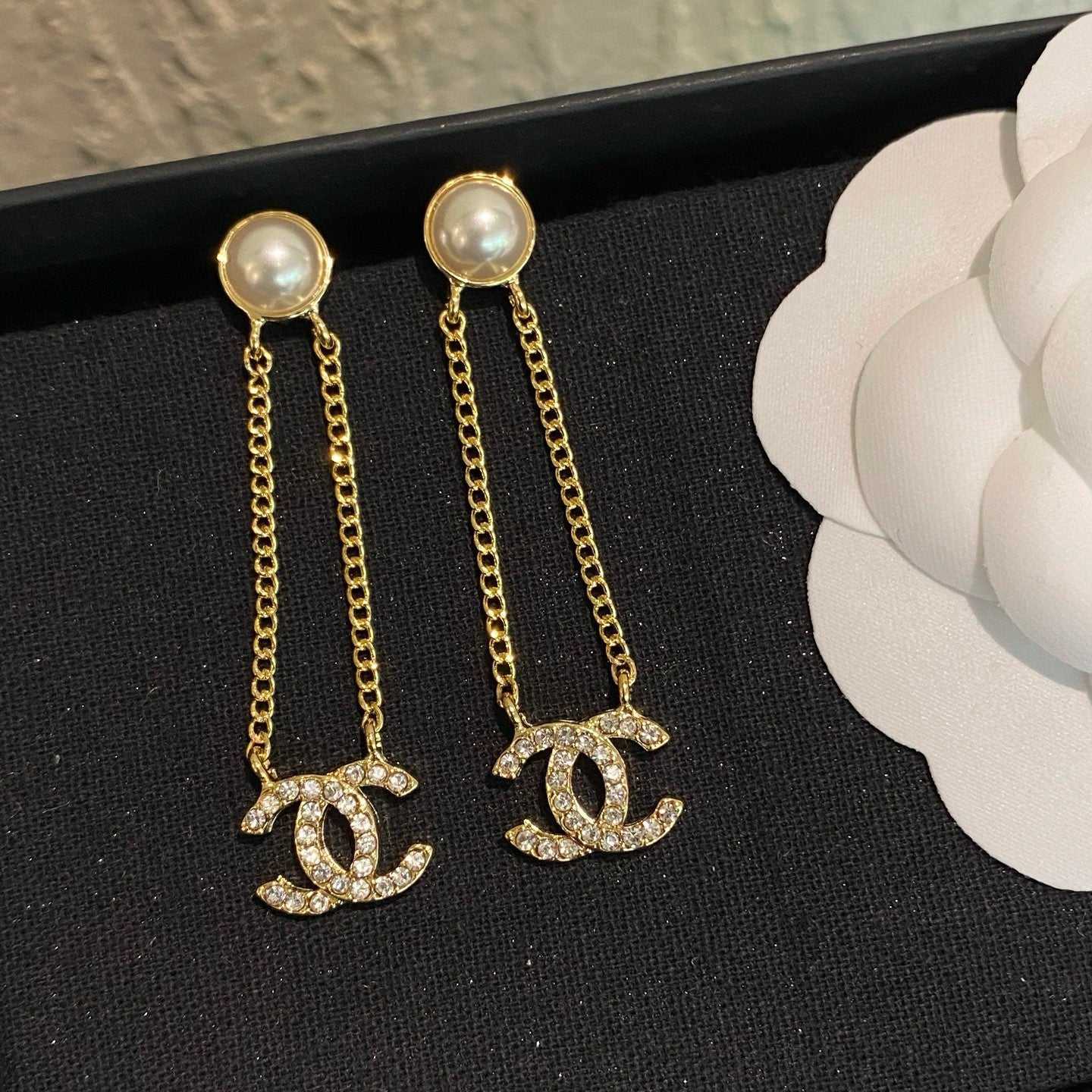 Pearl Stud Drop Earrings with Crystal Interlocking Loop Charm