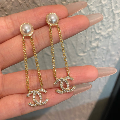 Pearl Stud Drop Earrings with Crystal Interlocking Loop Charm