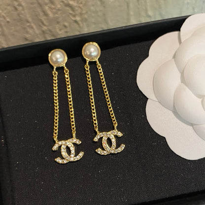 Pearl Stud Drop Earrings with Crystal Interlocking Loop Charm