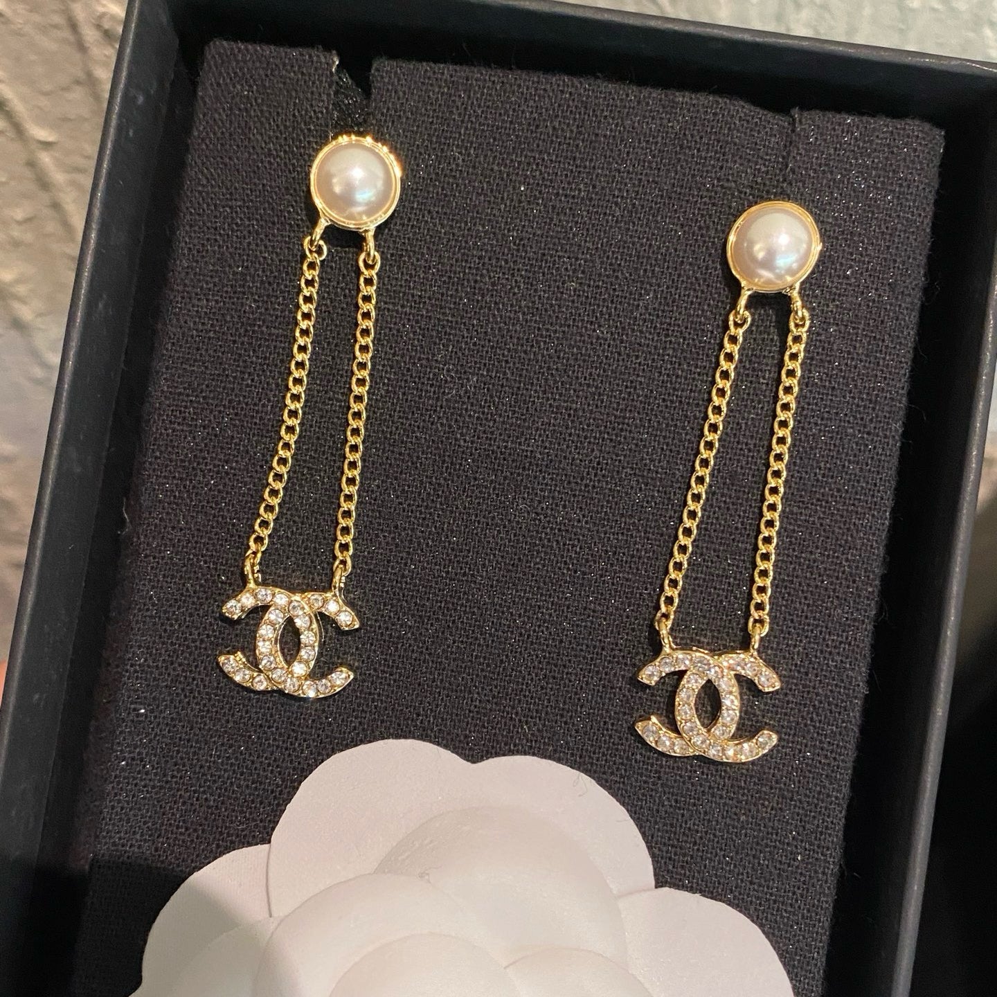 Pearl Stud Drop Earrings with Crystal Interlocking Loop Charm