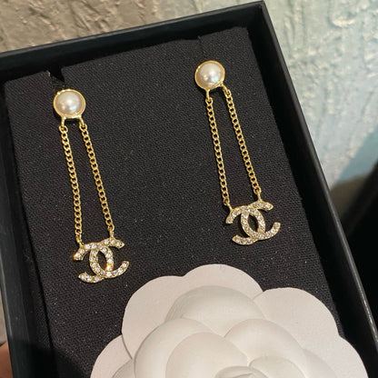 Pearl Stud Drop Earrings with Crystal Interlocking Loop Charm