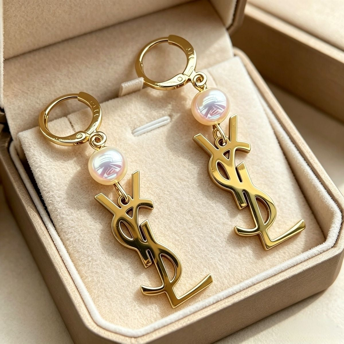 Pearl & Monogram Letter Charm Huggie Hoop Earrings – Gold & Silver