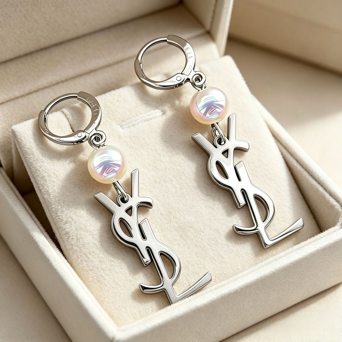 Pearl & Monogram Letter Charm Huggie Hoop Earrings – Gold & Silver