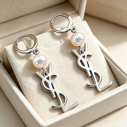 Pearl & Monogram Letter Charm Huggie Hoop Earrings – Gold & Silver
