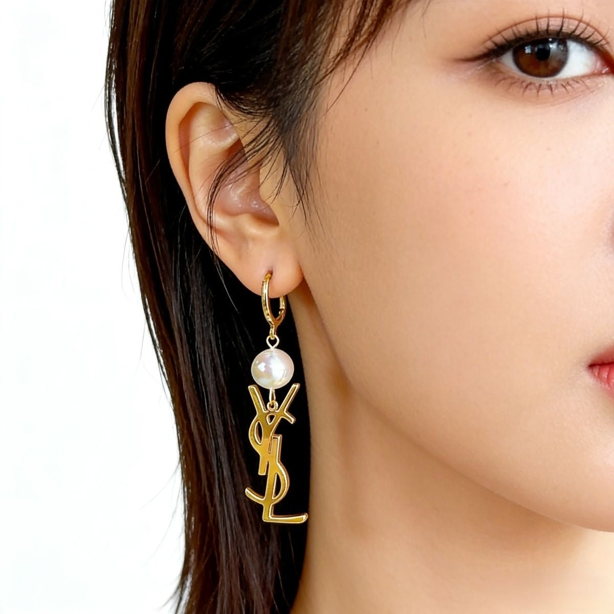 Pearl & Monogram Letter Charm Huggie Hoop Earrings – Gold & Silver