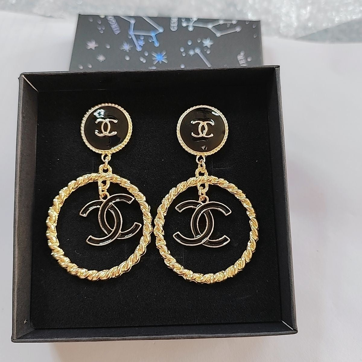 Black Enamel Round Stud & Gold Twisted Hoop Drop Earrings with Interlocking Loop Charm