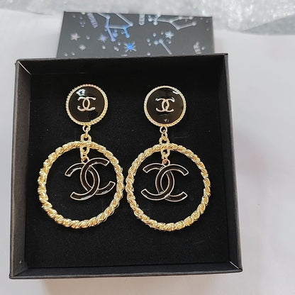 Black Enamel Round Stud & Gold Twisted Hoop Drop Earrings with Interlocking Loop Charm