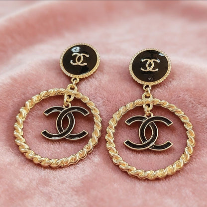 Black Enamel Round Stud & Gold Twisted Hoop Drop Earrings with Interlocking Loop Charm