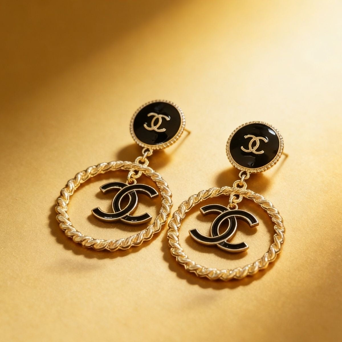 Black Enamel Round Stud & Gold Twisted Hoop Drop Earrings with Interlocking Loop Charm