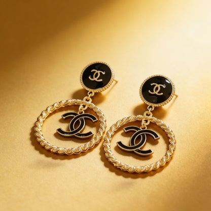 Black Enamel Round Stud & Gold Twisted Hoop Drop Earrings with Interlocking Loop Charm