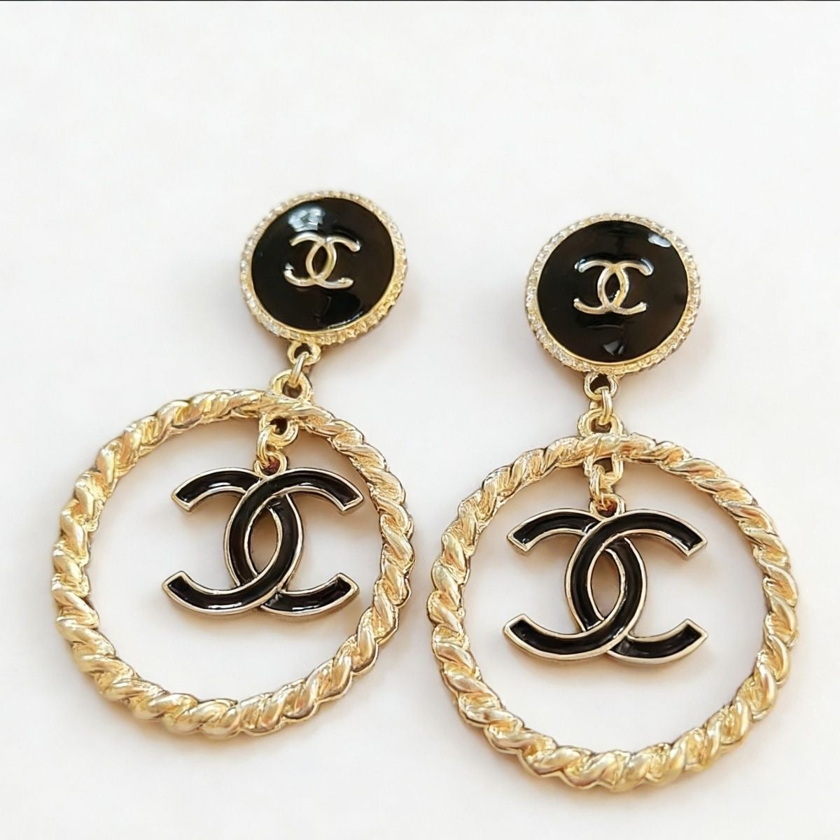 Black Enamel Round Stud & Gold Twisted Hoop Drop Earrings with Interlocking Loop Charm