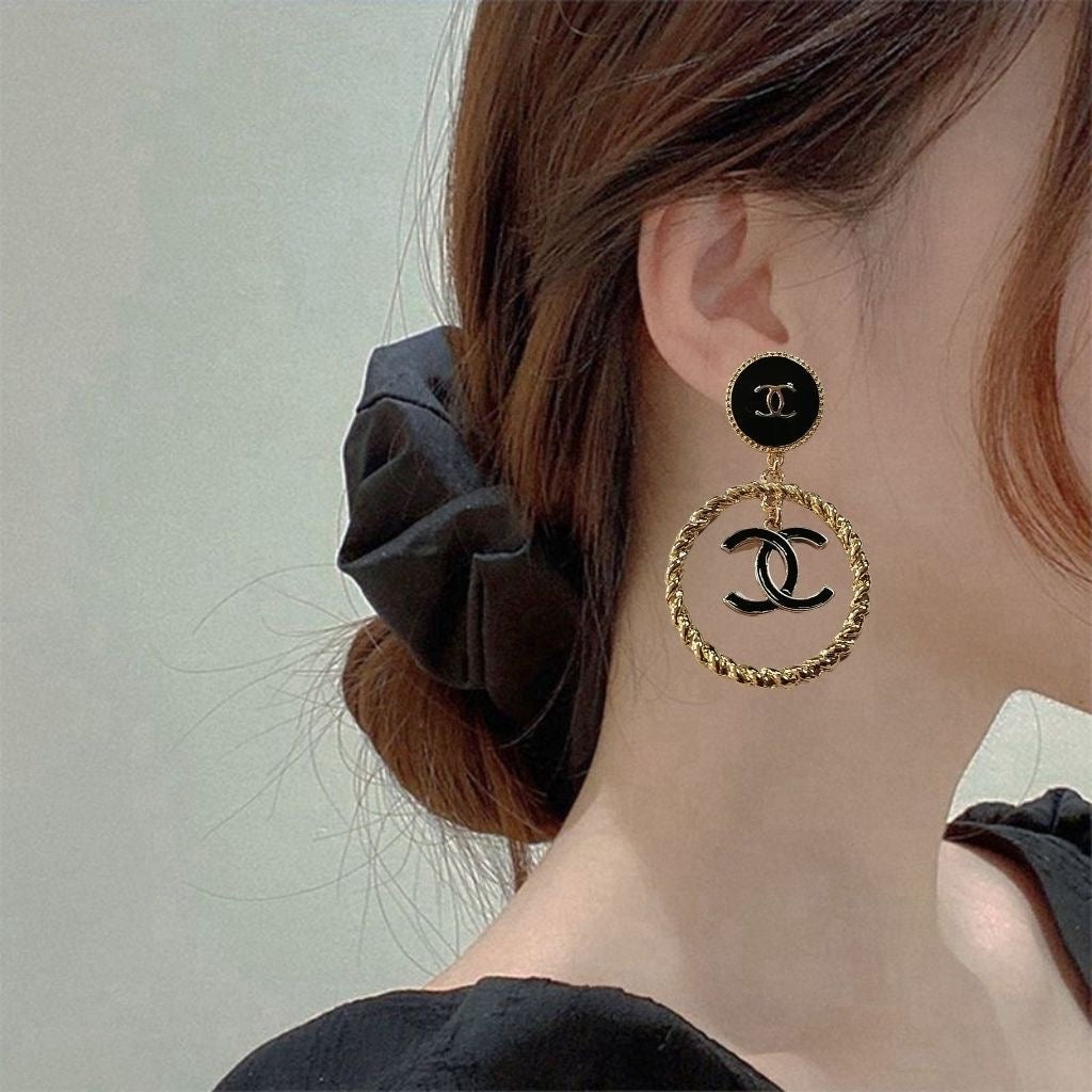 Black Enamel Round Stud & Gold Twisted Hoop Drop Earrings with Interlocking Loop Charm