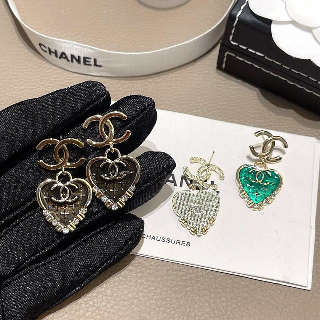Heart Drop Earrings | Crystal Rhinestone Enamel Pendant | Gold-tone