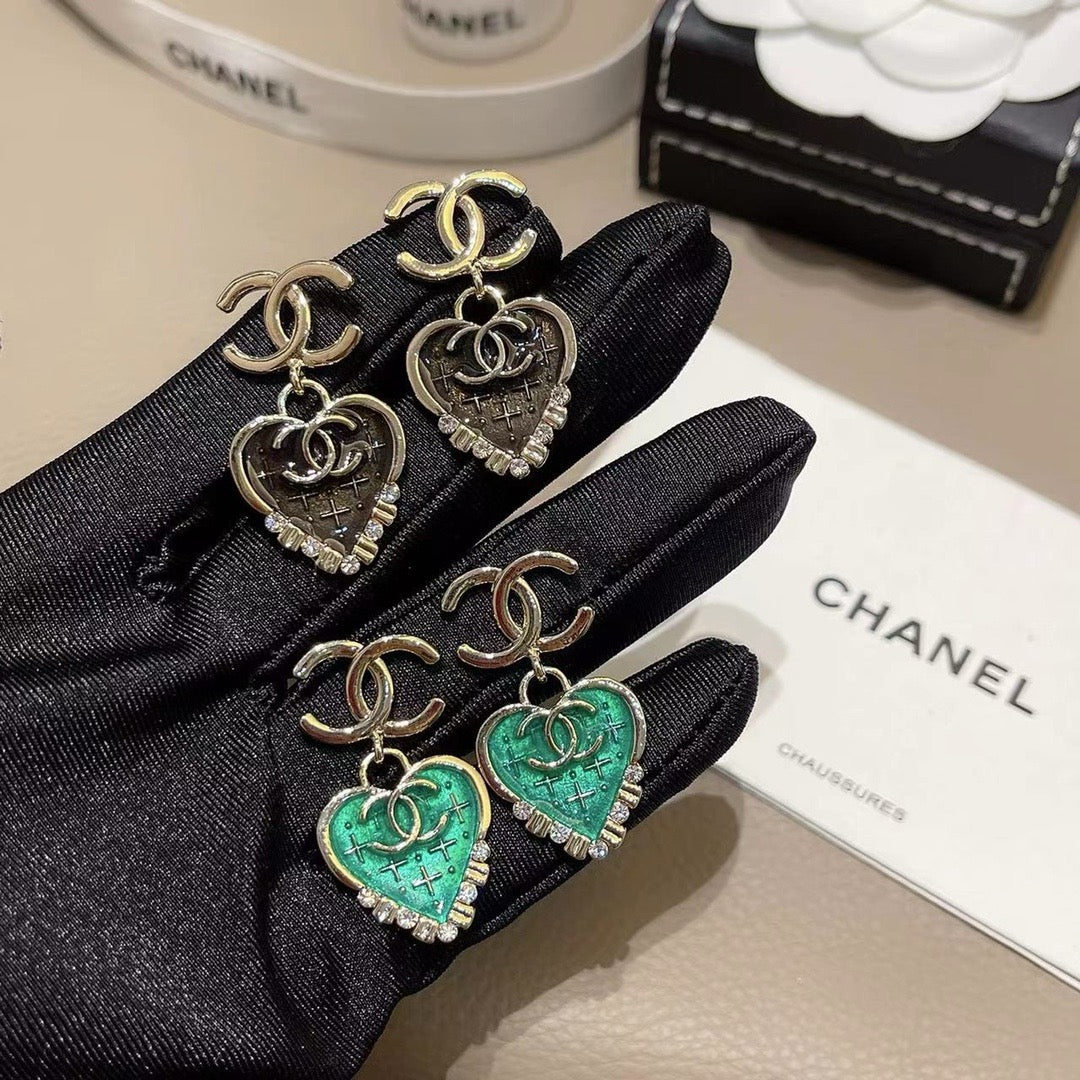 Heart Drop Earrings | Crystal Rhinestone Enamel Pendant | Gold-tone