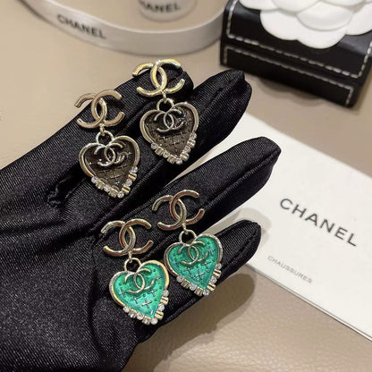 Heart Drop Earrings | Crystal Rhinestone Enamel Pendant | Gold-tone