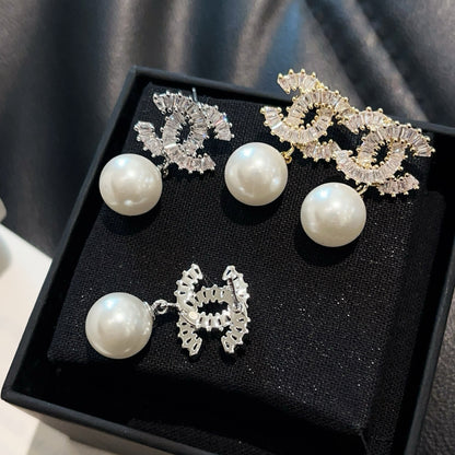 Baguette Crystal Pearl Drop Earrings | Gold & Silver-tone