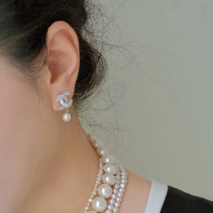 Baguette Crystal Pearl Drop Earrings | Gold & Silver-tone