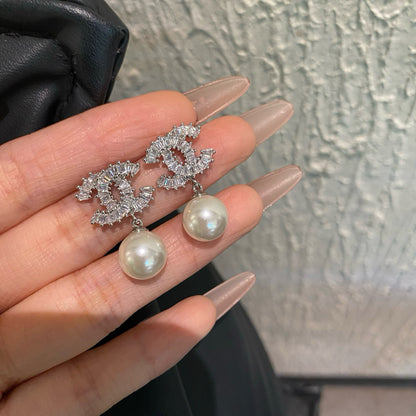 Baguette Crystal Pearl Drop Earrings | Gold & Silver-tone