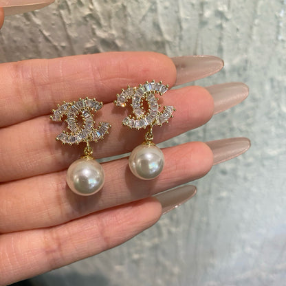 Baguette Crystal Pearl Drop Earrings | Gold & Silver-tone