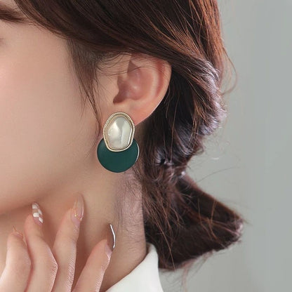 Green & Silver Geometric Drop Earrings | Modern Elegance
