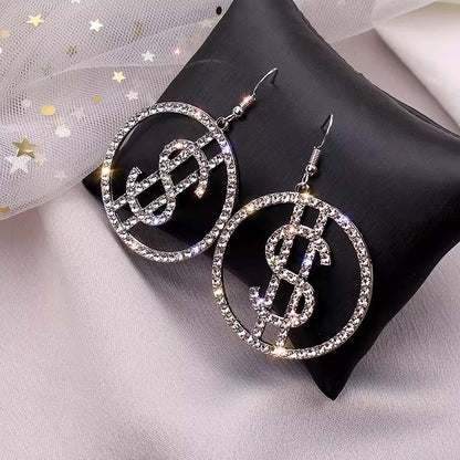 Crystal Dollar Sign Hoop Drop Earrings | Rhinestone Statement Jewelry