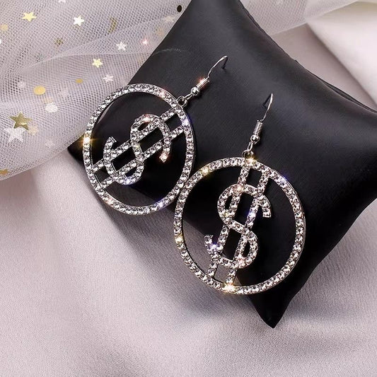 Crystal Dollar Sign Hoop Drop Earrings | Rhinestone Statement Jewelry