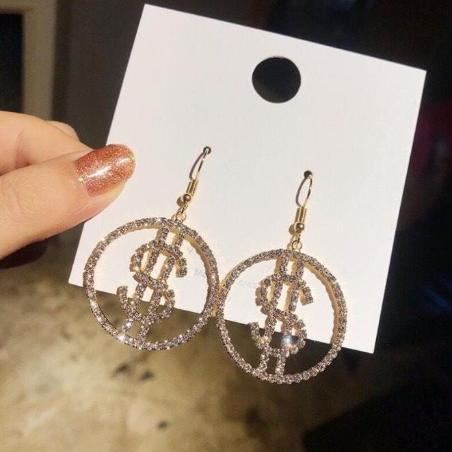 Crystal Dollar Sign Hoop Drop Earrings | Rhinestone Statement Jewelry