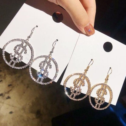Crystal Dollar Sign Hoop Drop Earrings | Rhinestone Statement Jewelry