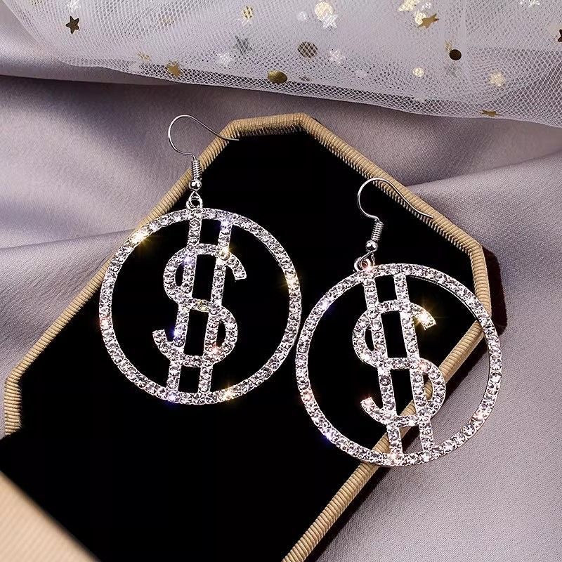 Crystal Dollar Sign Hoop Drop Earrings | Rhinestone Statement Jewelry