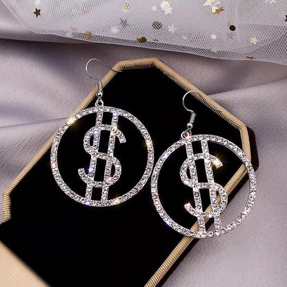 Crystal Dollar Sign Hoop Drop Earrings | Rhinestone Statement Jewelry