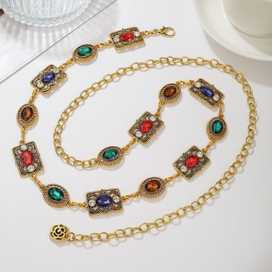 Vintage Multicolor Gemstone Chain Belt | Boho Waist Chain Jewelry