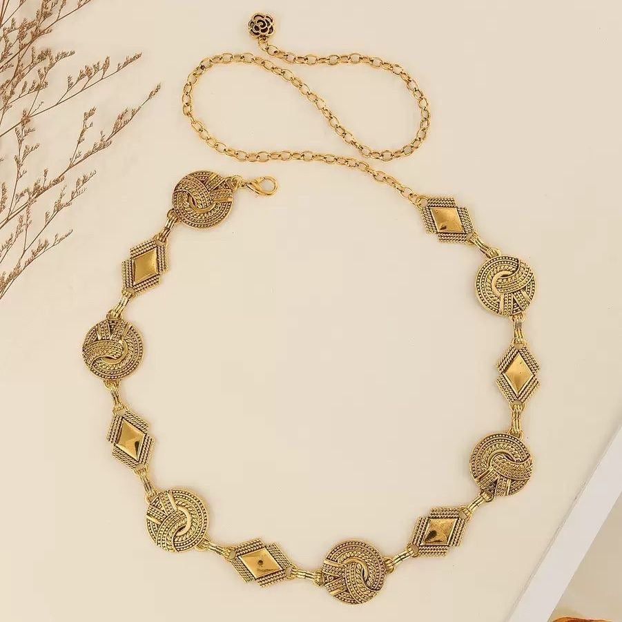 Vintage Knot & Diamond Medallion Chain Belt | Gold Silver Waist Chain