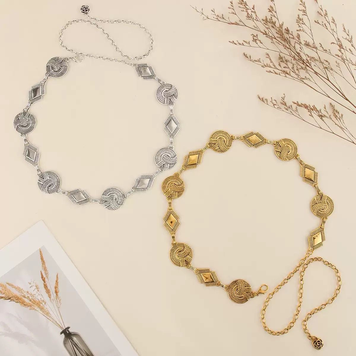 Vintage Knot & Diamond Medallion Chain Belt | Gold Silver Waist Chain