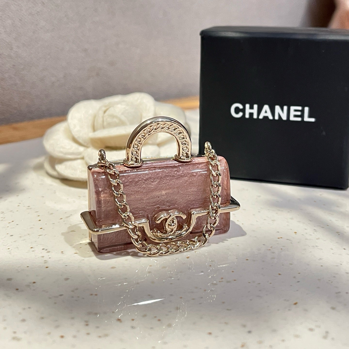Mini Handbag Brooch | Crystal Clear Acrylic & Silver Chain
