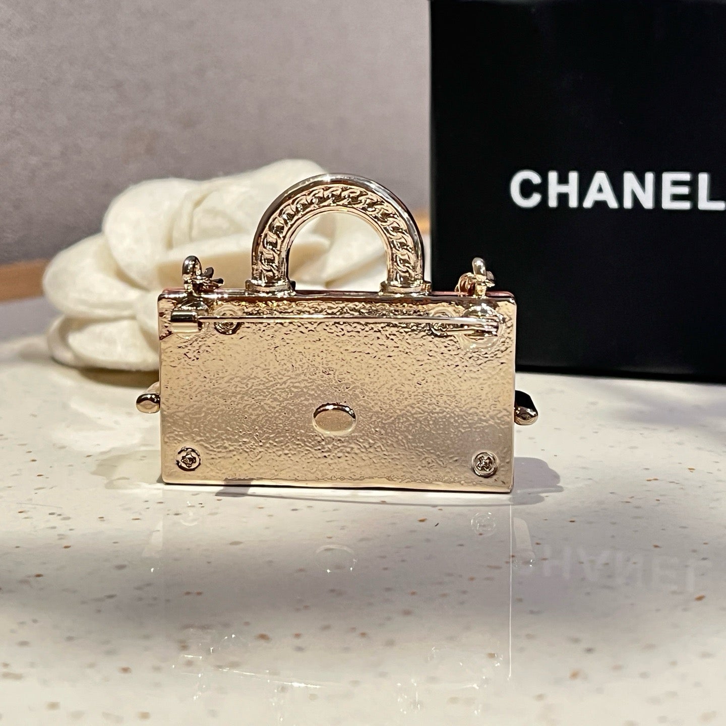 Mini Handbag Brooch | Crystal Clear Acrylic & Silver Chain