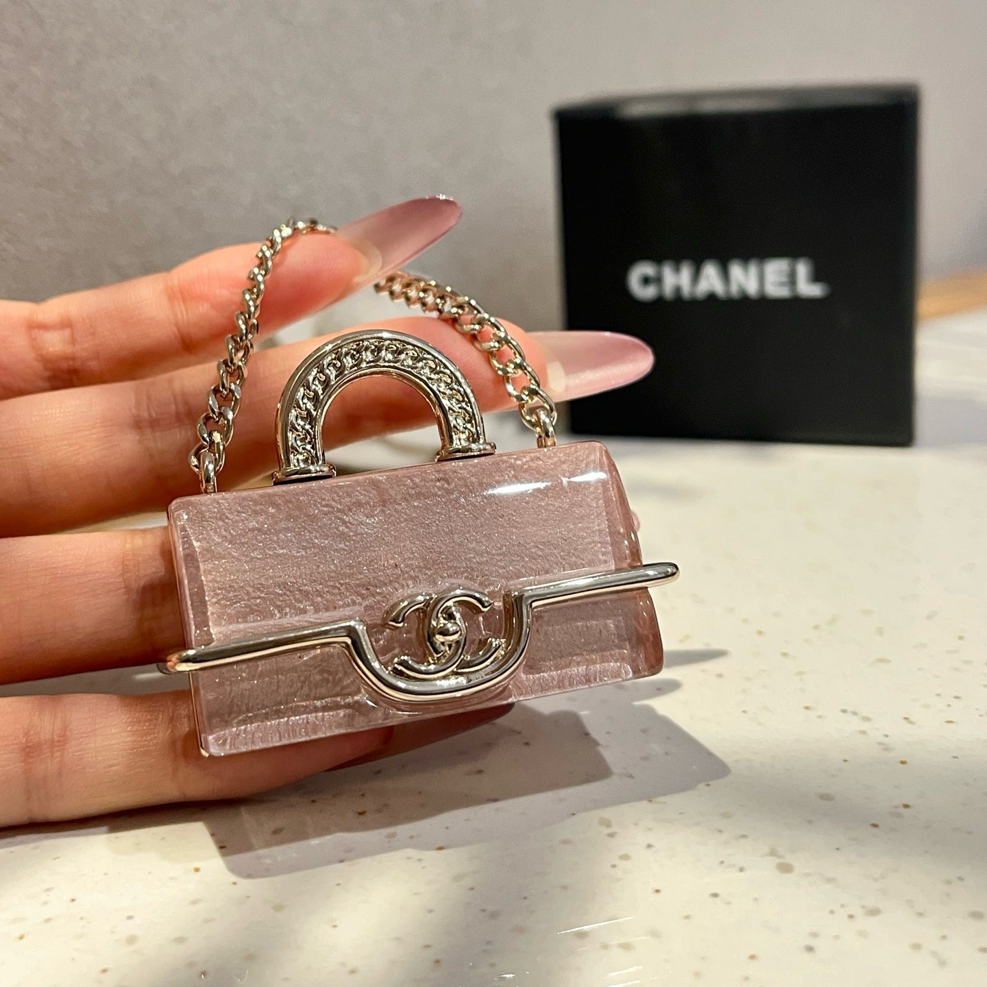 Mini Handbag Brooch | Crystal Clear Acrylic & Silver Chain