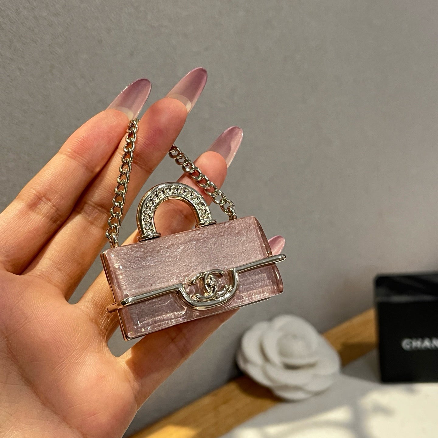 Mini Handbag Brooch | Crystal Clear Acrylic & Silver Chain