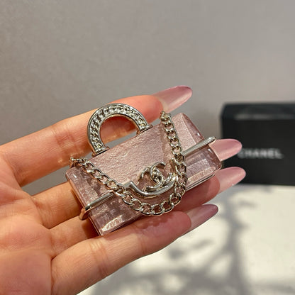Mini Handbag Brooch | Crystal Clear Acrylic & Silver Chain