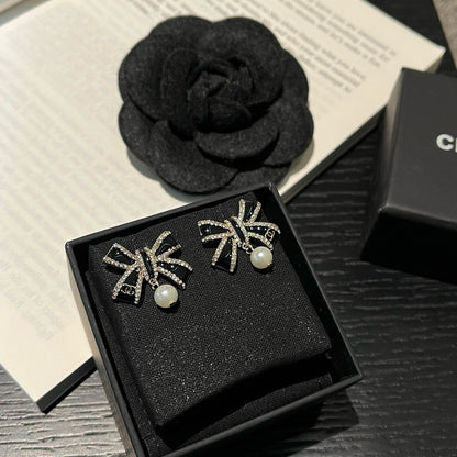 Crystal Bow Pearl Drop Earrings | Black & Silver