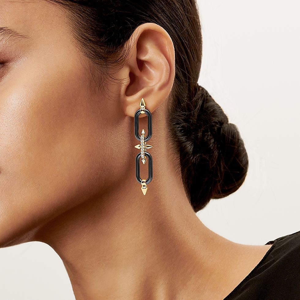 Double Link Chain Drop Earrings | Gold & Black