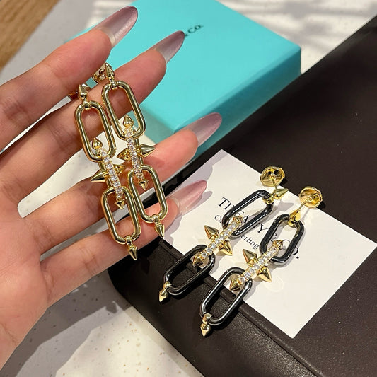 Double Link Chain Drop Earrings | Gold & Black