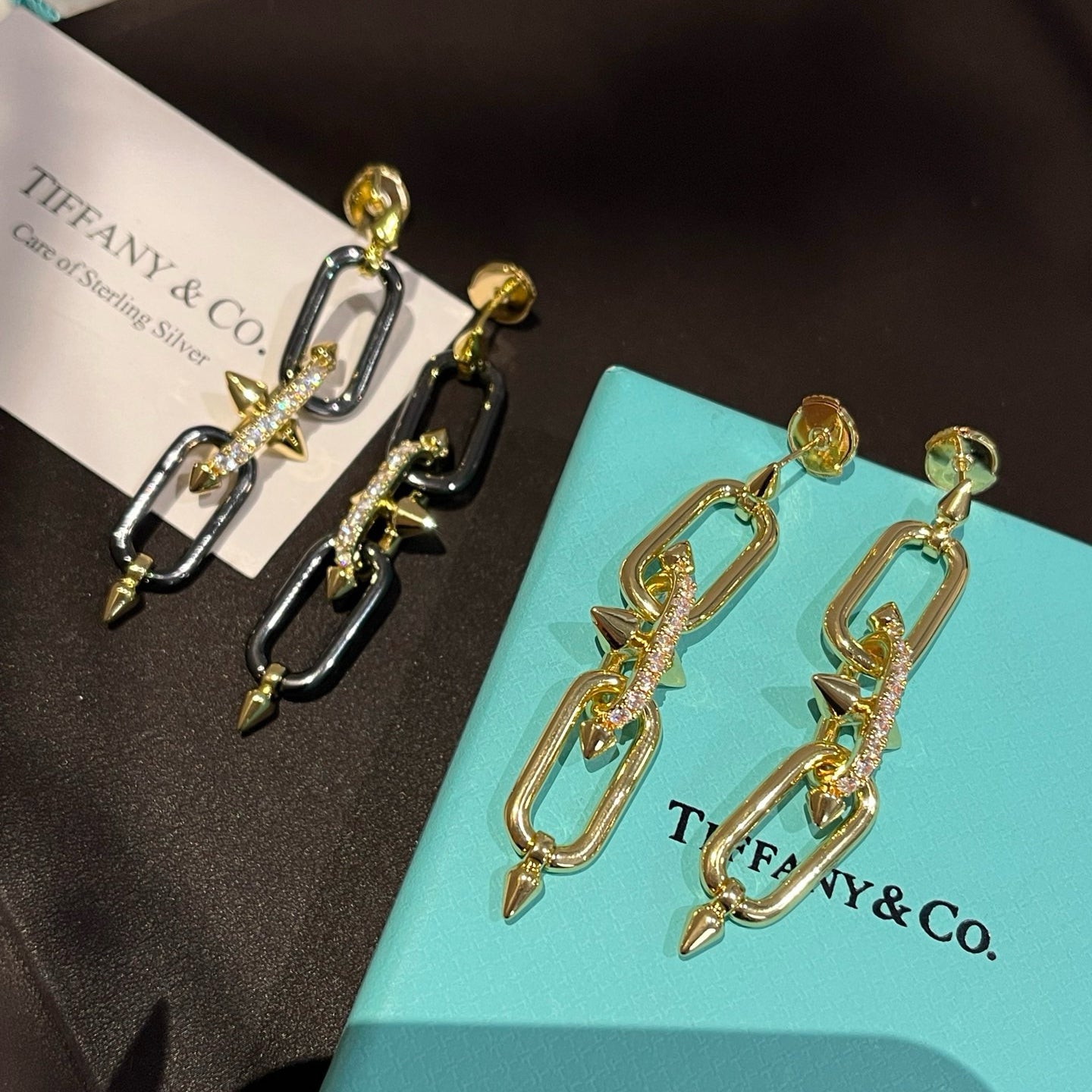 Double Link Chain Drop Earrings | Gold & Black
