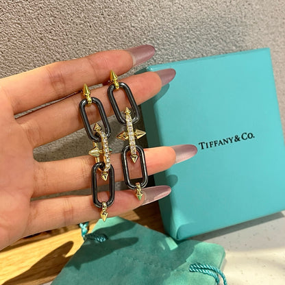 Double Link Chain Drop Earrings | Gold & Black