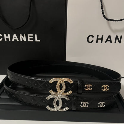Double Arc Crystal Buckle Belt | Black Quilted Leather