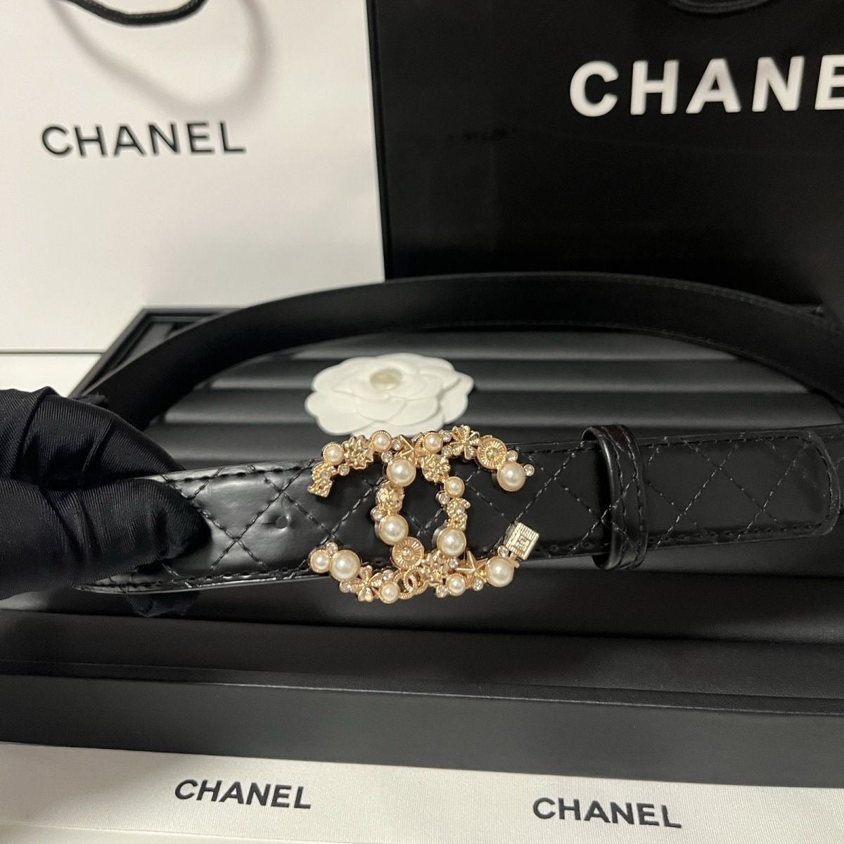 Pearl & Crystal Arc Buckle Belt | Black Quilted Leather